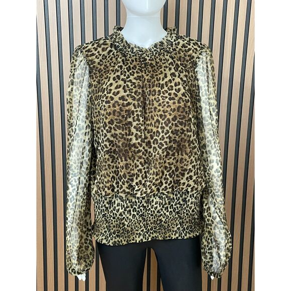 Joie Women's Top Blouse L Metallic Leopard Print Long Sleeve Sheer Lined Gold - Picture 1 of 8
